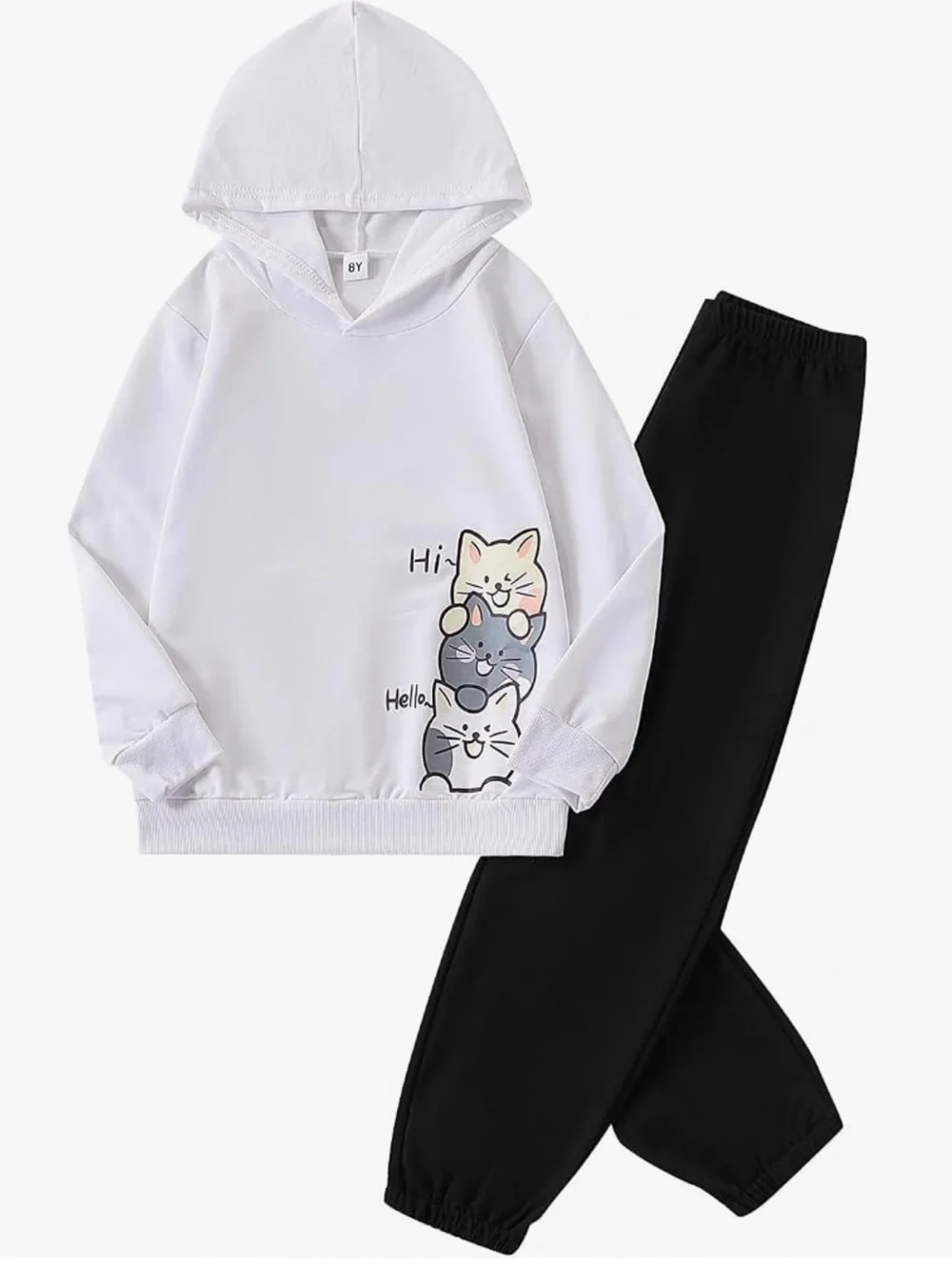 Girls White Hoodie & Black Joggers Set with Cute Cat Stack Graphic